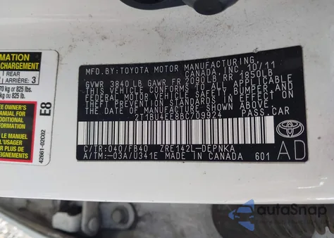 2011 Toyota Corolla Le из США, поврежденный, VIN 2T1BU4EE8BC709924